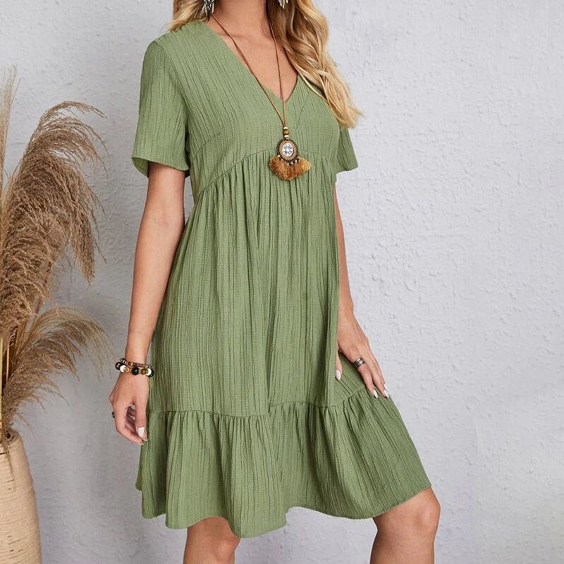 2024 Women Mini Dress Summer Casual Solid V Neck Ruffles A-line Dress Female Fashion Holiday Boho Loose Beach Elegant Dresses