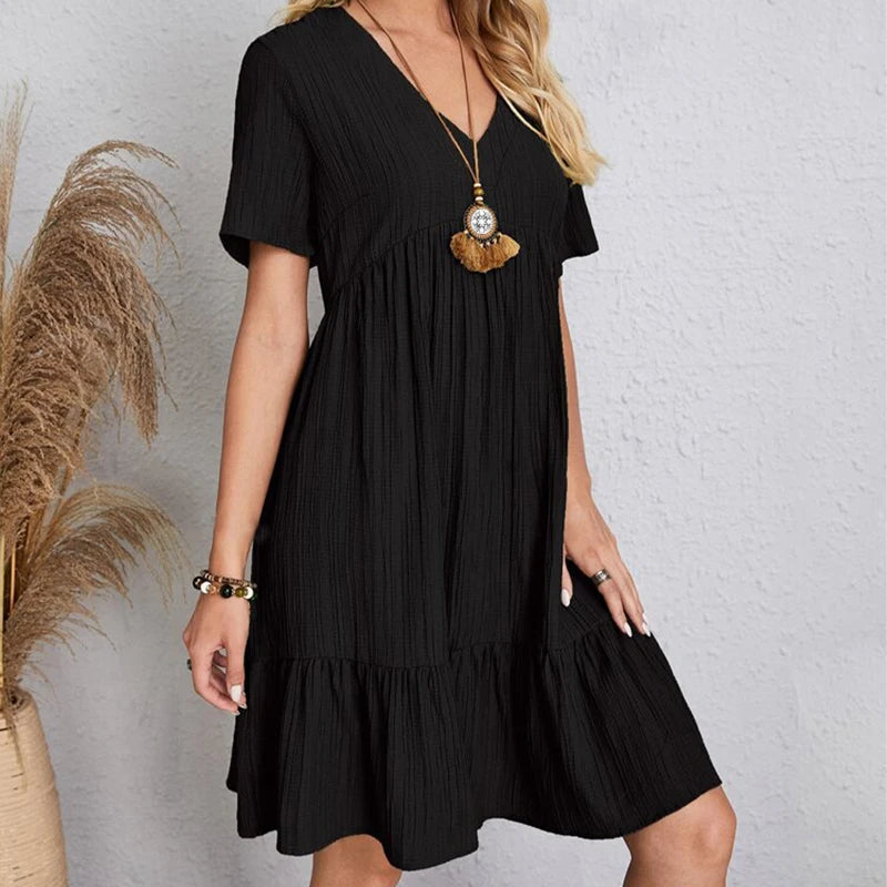 2024 Women Mini Dress Summer Casual Solid V Neck Ruffles A-line Dress Female Fashion Holiday Boho Loose Beach Elegant Dresses