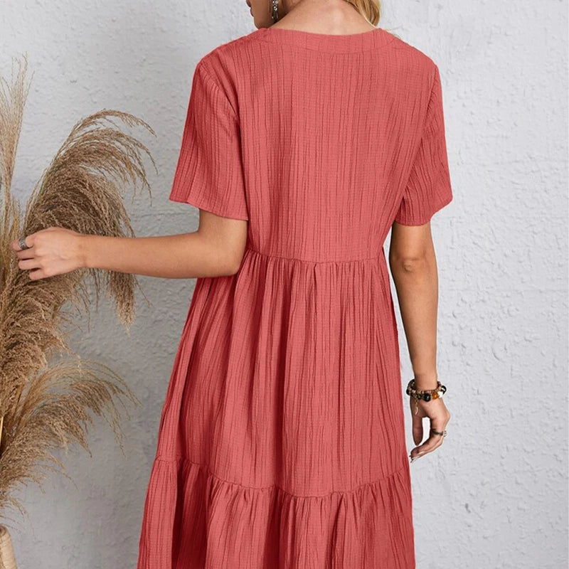 2024 Women Mini Dress Summer Casual Solid V Neck Ruffles A-line Dress Female Fashion Holiday Boho Loose Beach Elegant Dresses