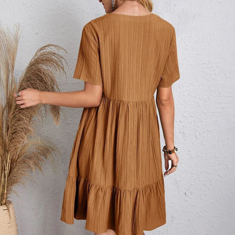 2024 Women Mini Dress Summer Casual Solid V Neck Ruffles A-line Dress Female Fashion Holiday Boho Loose Beach Elegant Dresses