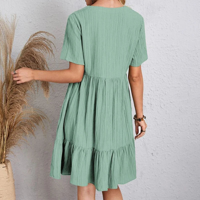 2024 Women Mini Dress Summer Casual Solid V Neck Ruffles A-line Dress Female Fashion Holiday Boho Loose Beach Elegant Dresses