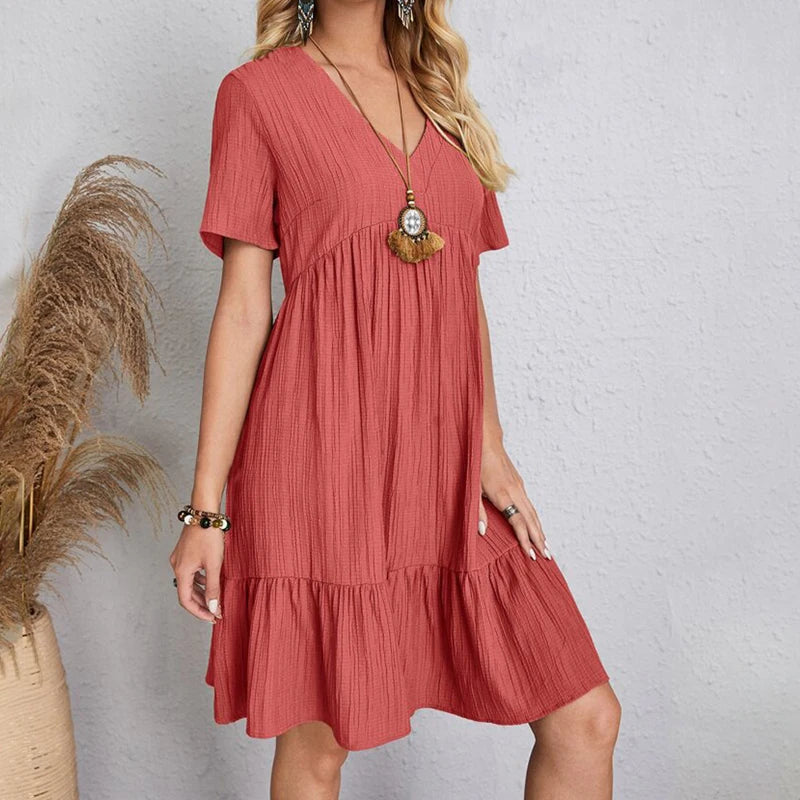 2024 Women Mini Dress Summer Casual Solid V Neck Ruffles A-line Dress Female Fashion Holiday Boho Loose Beach Elegant Dresses