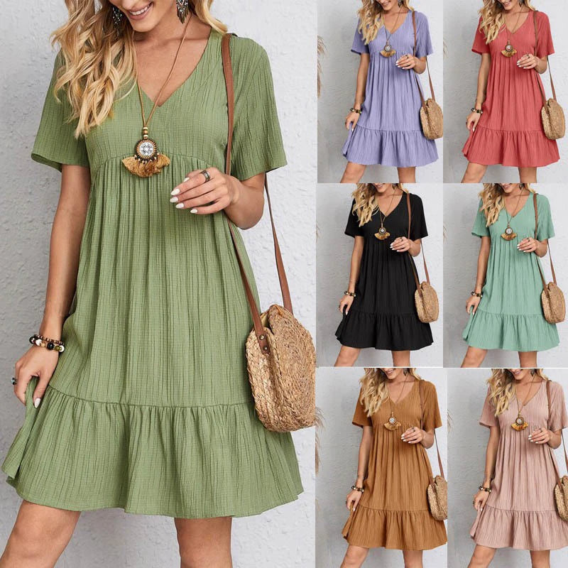 2024 Women Mini Dress Summer Casual Solid V Neck Ruffles A-line Dress Female Fashion Holiday Boho Loose Beach Elegant Dresses