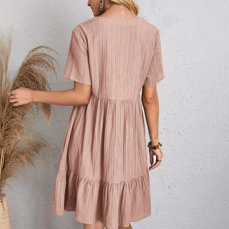 2024 Women Mini Dress Summer Casual Solid V Neck Ruffles A-line Dress Female Fashion Holiday Boho Loose Beach Elegant Dresses