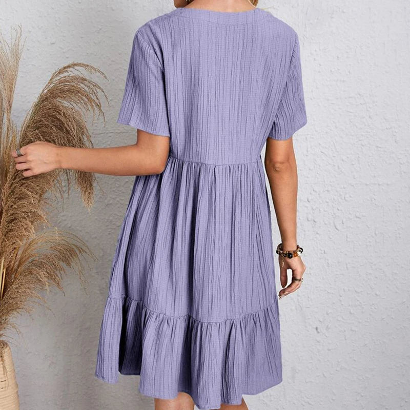 2024 Women Mini Dress Summer Casual Solid V Neck Ruffles A-line Dress Female Fashion Holiday Boho Loose Beach Elegant Dresses