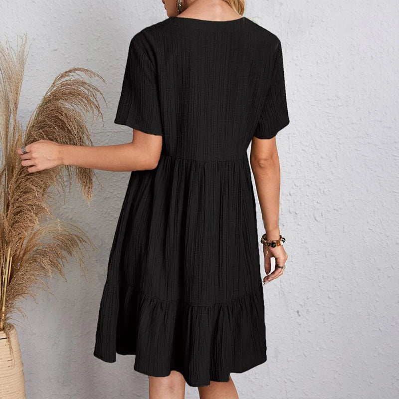 2024 Women Mini Dress Summer Casual Solid V Neck Ruffles A-line Dress Female Fashion Holiday Boho Loose Beach Elegant Dresses