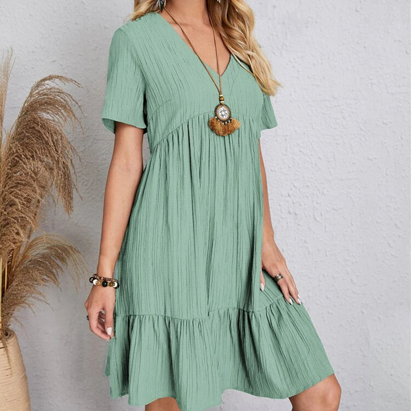 2024 Women Mini Dress Summer Casual Solid V Neck Ruffles A-line Dress Female Fashion Holiday Boho Loose Beach Elegant Dresses