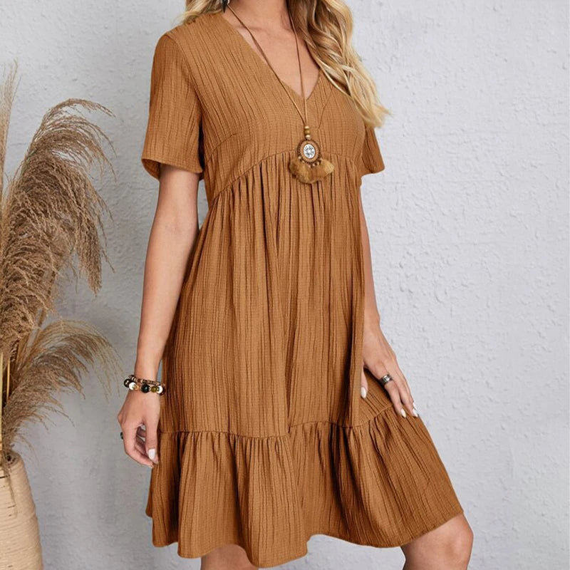 2024 Women Mini Dress Summer Casual Solid V Neck Ruffles A-line Dress Female Fashion Holiday Boho Loose Beach Elegant Dresses