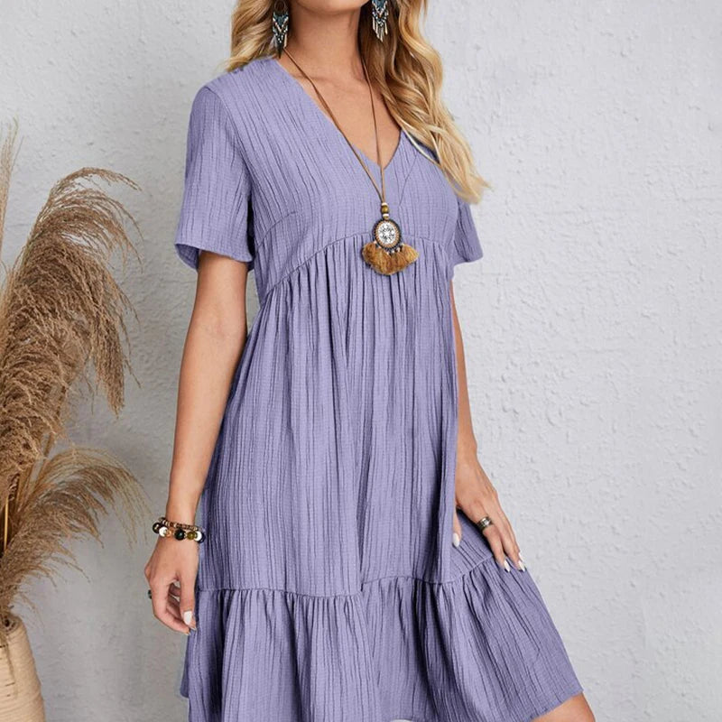 2024 Women Mini Dress Summer Casual Solid V Neck Ruffles A-line Dress Female Fashion Holiday Boho Loose Beach Elegant Dresses