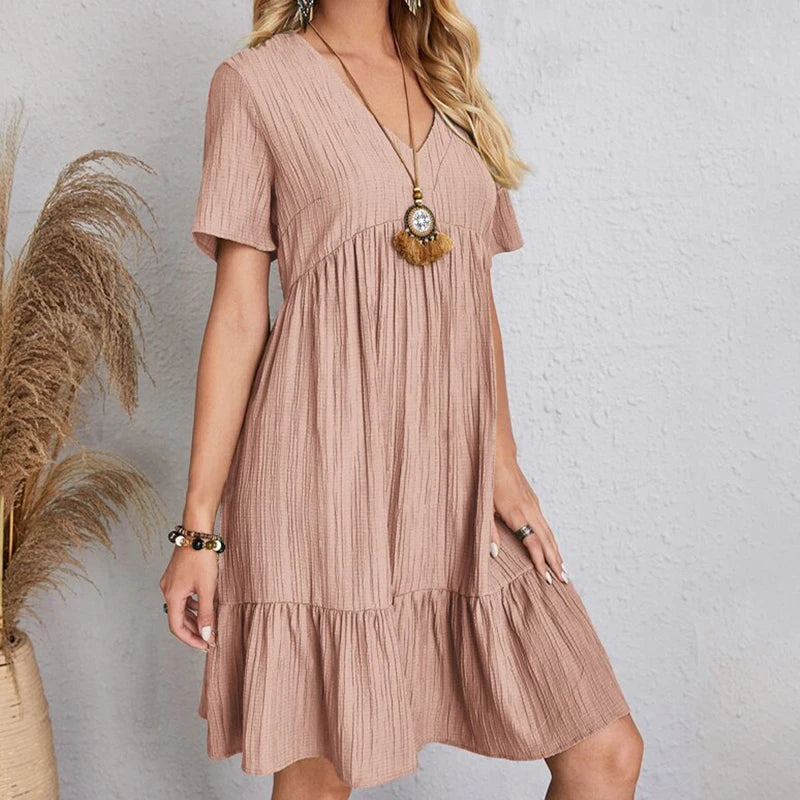 2024 Women Mini Dress Summer Casual Solid V Neck Ruffles A-line Dress Female Fashion Holiday Boho Loose Beach Elegant Dresses