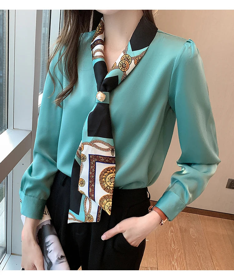 Elegant Fashion Office Lady Bow Solid Chiffon Shirts Women Clothing Spring Autumn Long Sleeve V-Neck Pullover Top Blouses Female