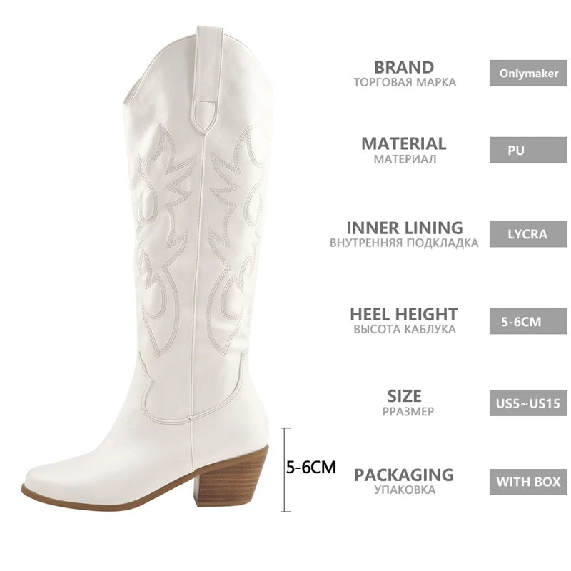 Onlymaker White Knee High Cowboy Boots: Wide Calf, Embroidered - Arkansas Outdoors Shop