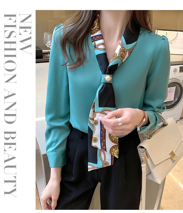 Elegant Fashion Office Lady Bow Solid Chiffon Shirts Women Clothing Spring Autumn Long Sleeve V-Neck Pullover Top Blouses Female