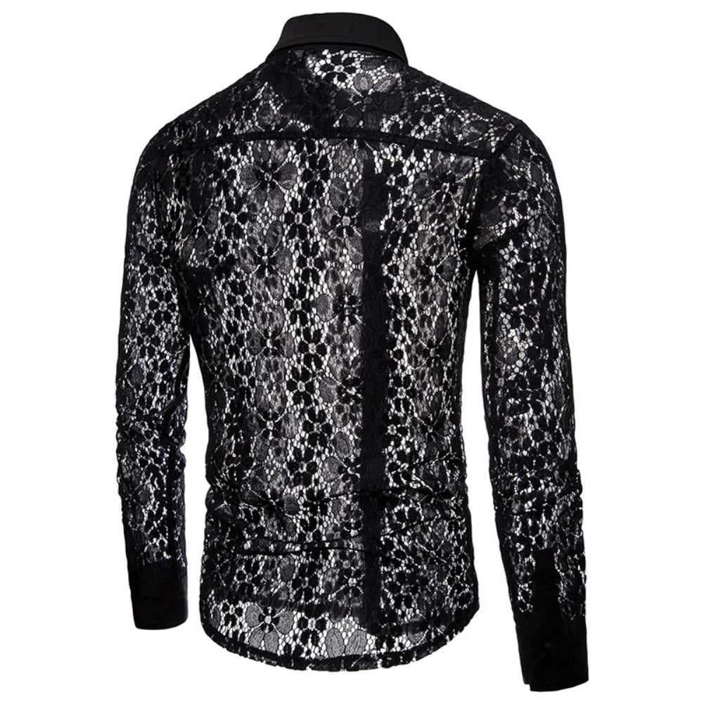 Men Sexy Long Sleeve Solid Color Lace See Through Clubwear Button Down Shirt soft and skin-friendly shirt