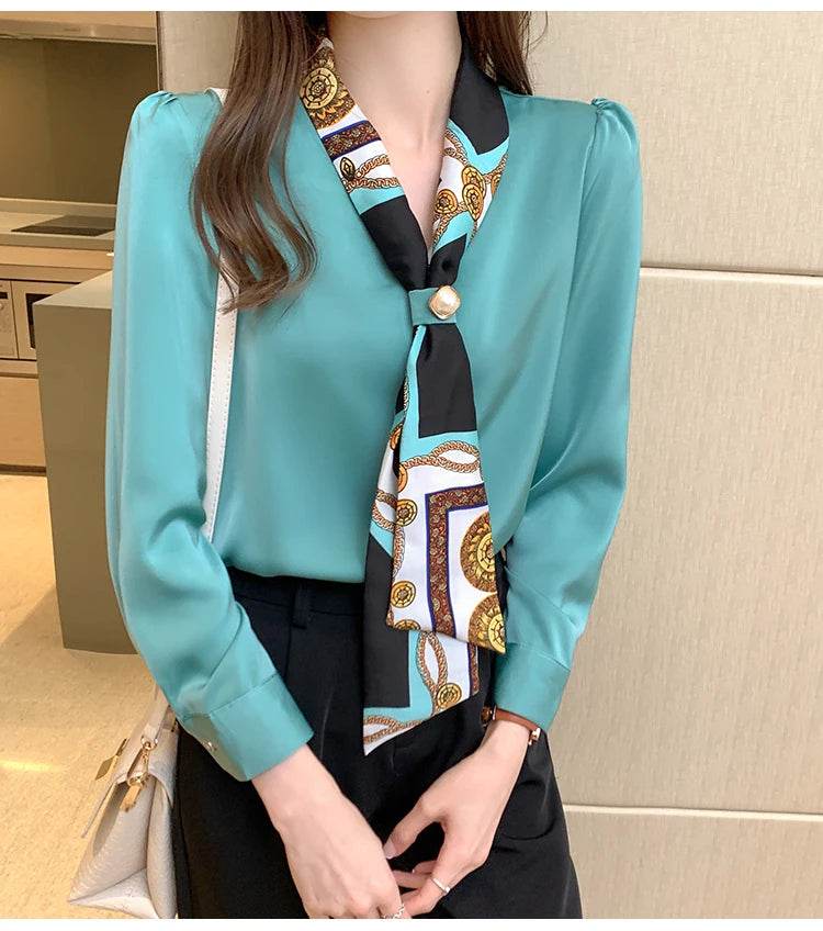 Elegant Fashion Office Lady Bow Solid Chiffon Shirts Women Clothing Spring Autumn Long Sleeve V-Neck Pullover Top Blouses Female