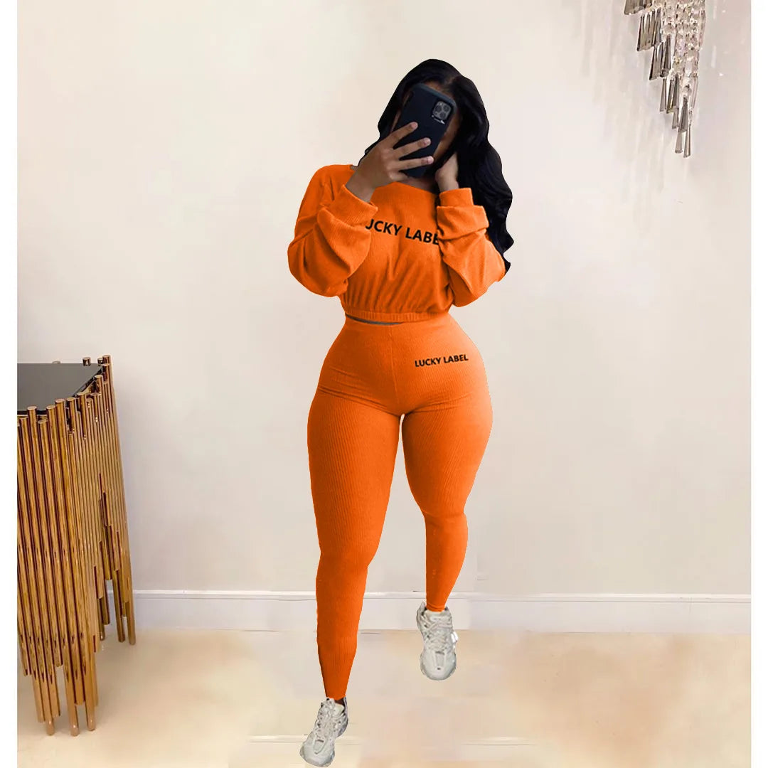 Letter Printed Embroidery Women Two Piece Ribbed Tracksuits Fall Spring Long Sleeve Sweatshirt and Skinny Pants Set