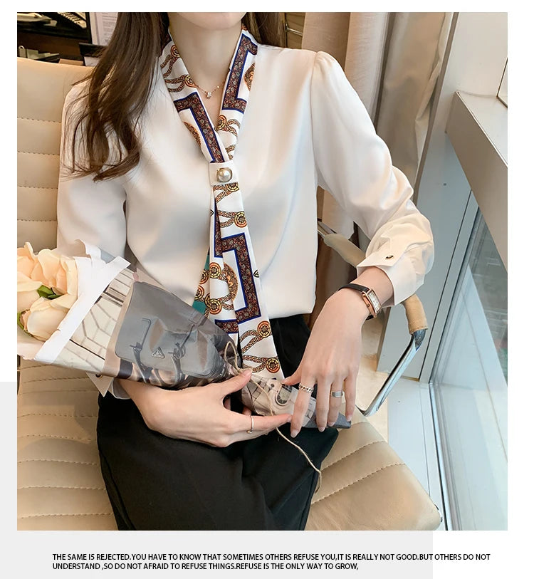 Elegant Fashion Office Lady Bow Solid Chiffon Shirts Women Clothing Spring Autumn Long Sleeve V-Neck Pullover Top Blouses Female