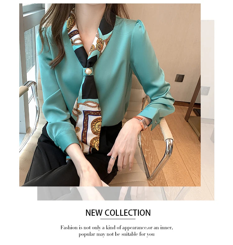 Elegant Fashion Office Lady Bow Solid Chiffon Shirts Women Clothing Spring Autumn Long Sleeve V-Neck Pullover Top Blouses Female