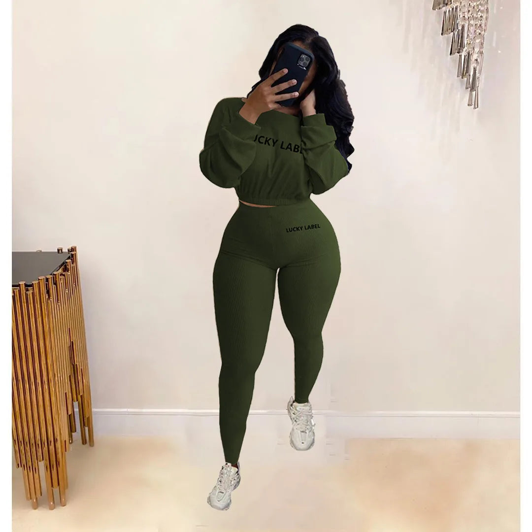 Letter Printed Embroidery Women Two Piece Ribbed Tracksuits Fall Spring Long Sleeve Sweatshirt and Skinny Pants Set