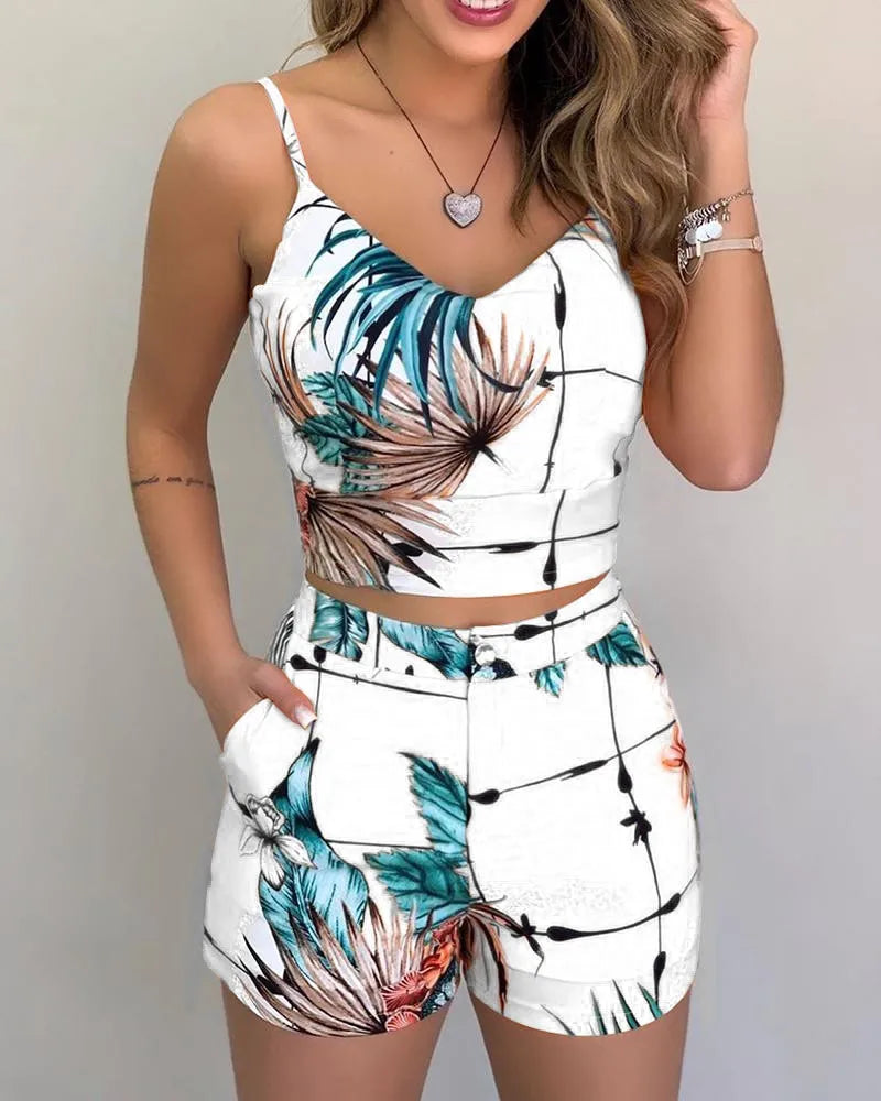 Print Spaghetti Strap Crop Top & Short Sets Casual Summer 2 Piece Outfits for Women