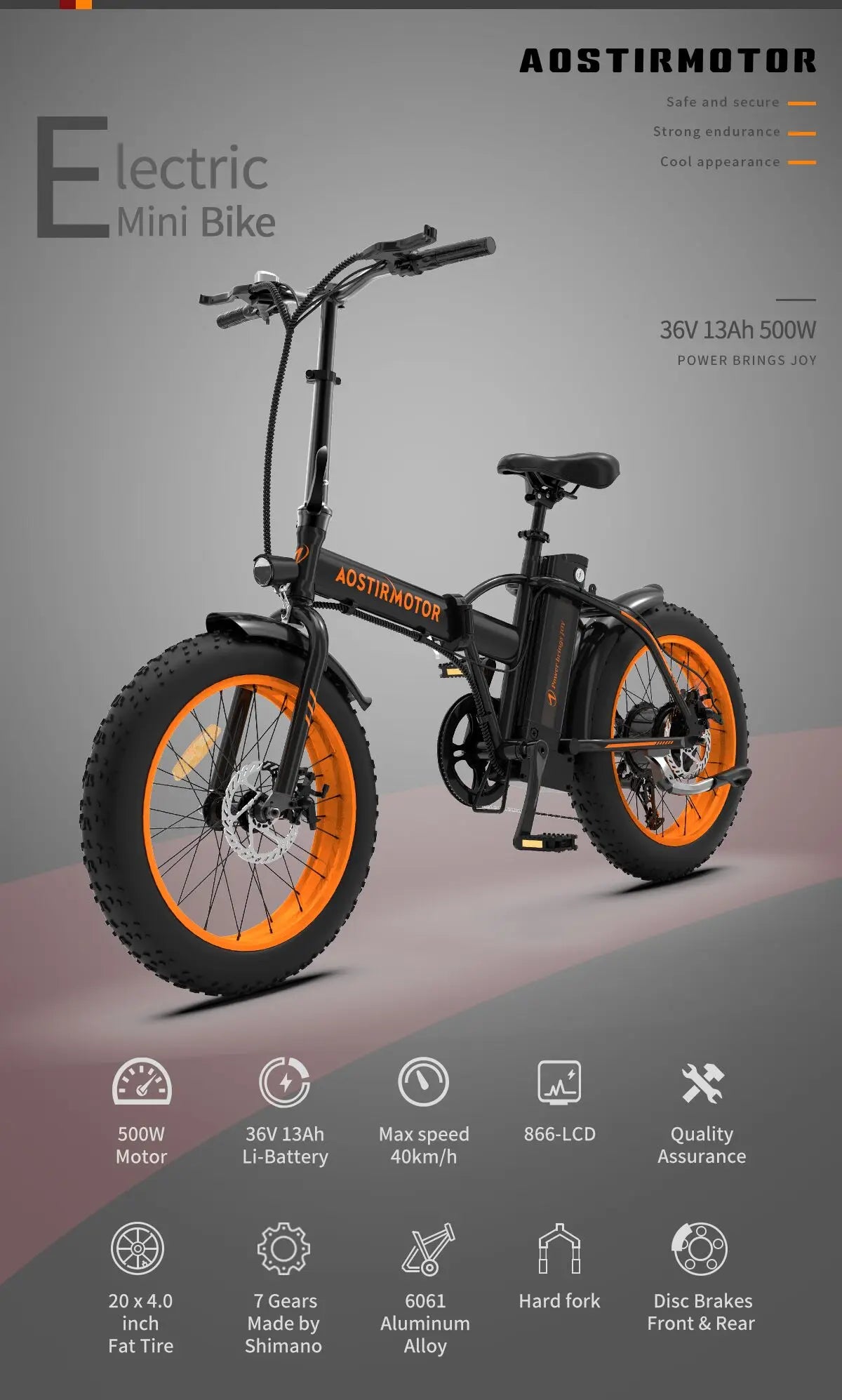 AOSTIRMOTOR 500W Ebike Folding Lithium Battery 36V 13Ah Electric Bicycle 20 Inch Fat Tire Mini Bafang Bike Adult Free Shipping