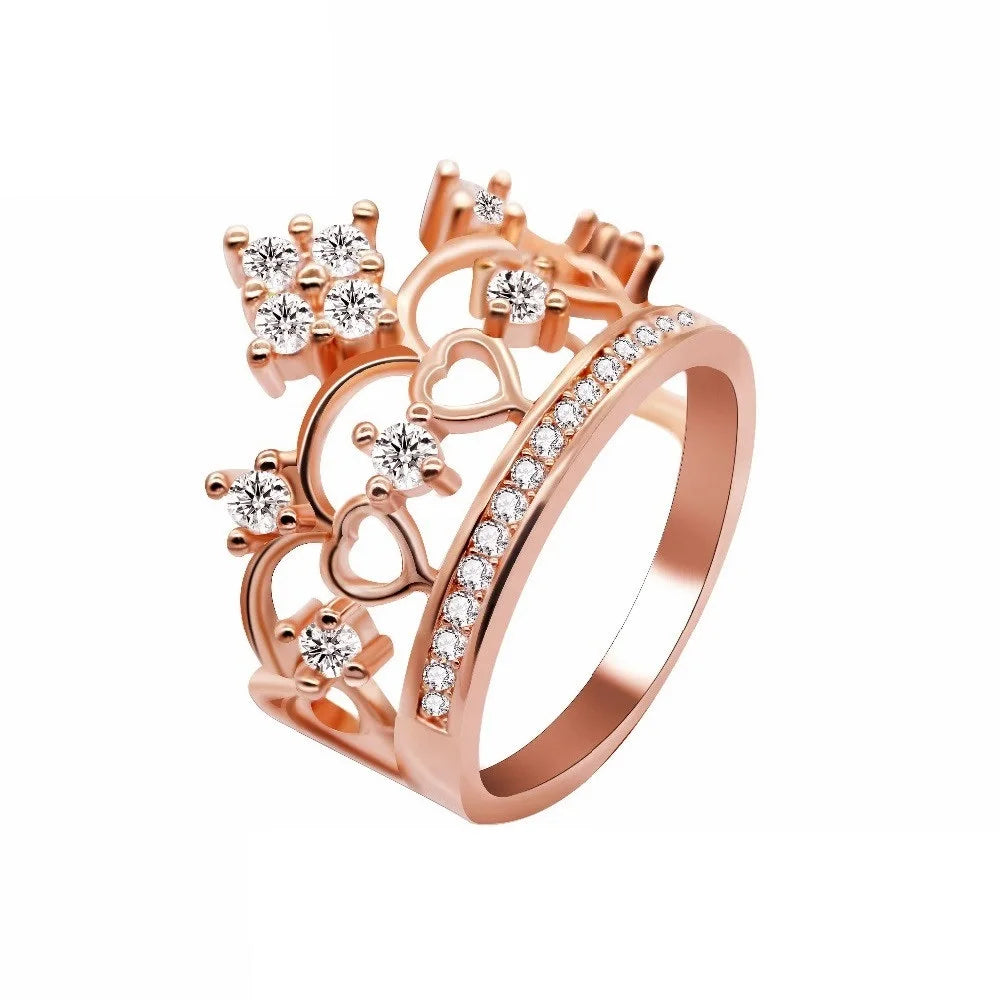 Rose Gold Plated Crystal Wedding Crown Rings