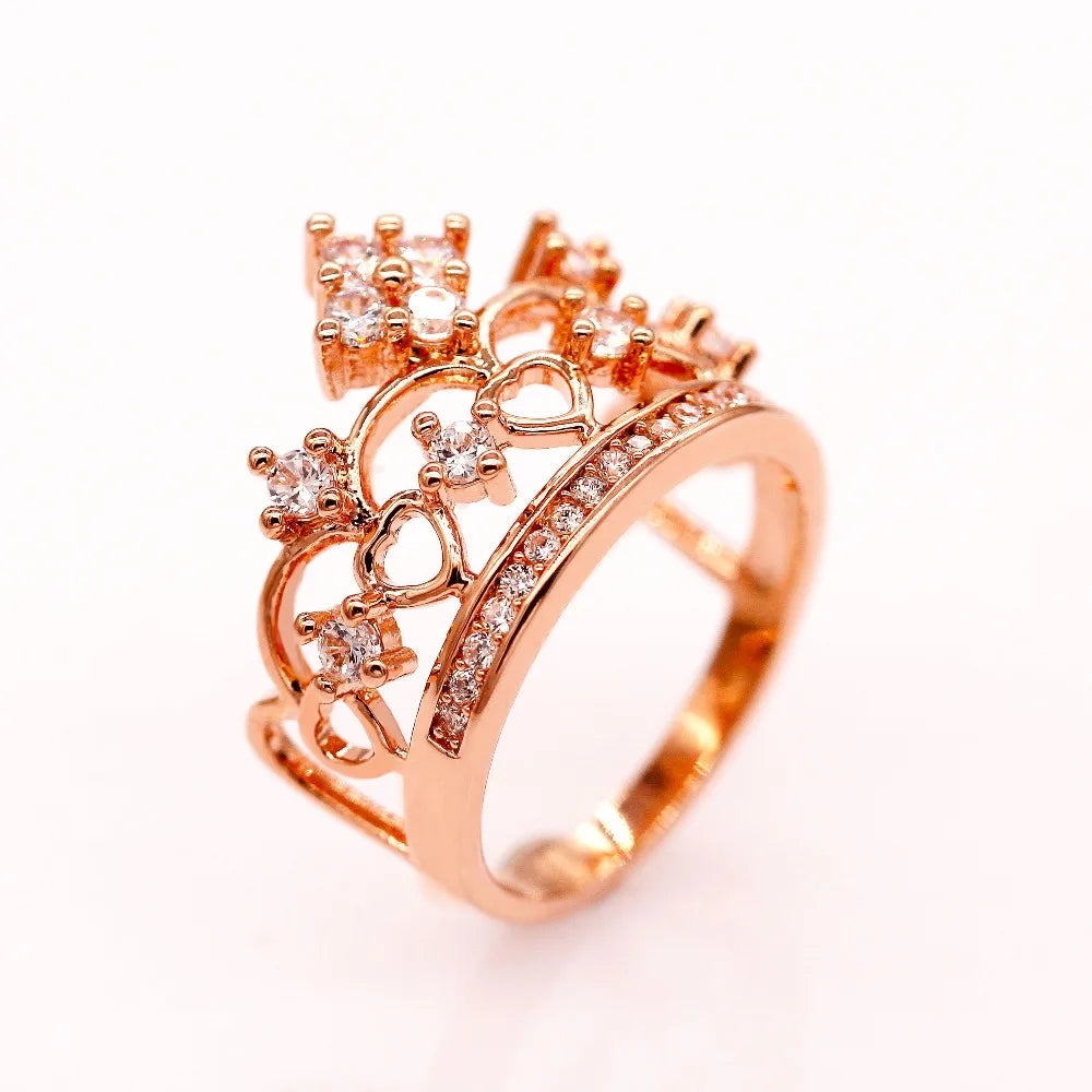 Rose Gold Plated Crystal Wedding Crown Rings