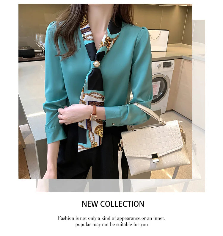 Elegant Fashion Office Lady Bow Solid Chiffon Shirts Women Clothing Spring Autumn Long Sleeve V-Neck Pullover Top Blouses Female