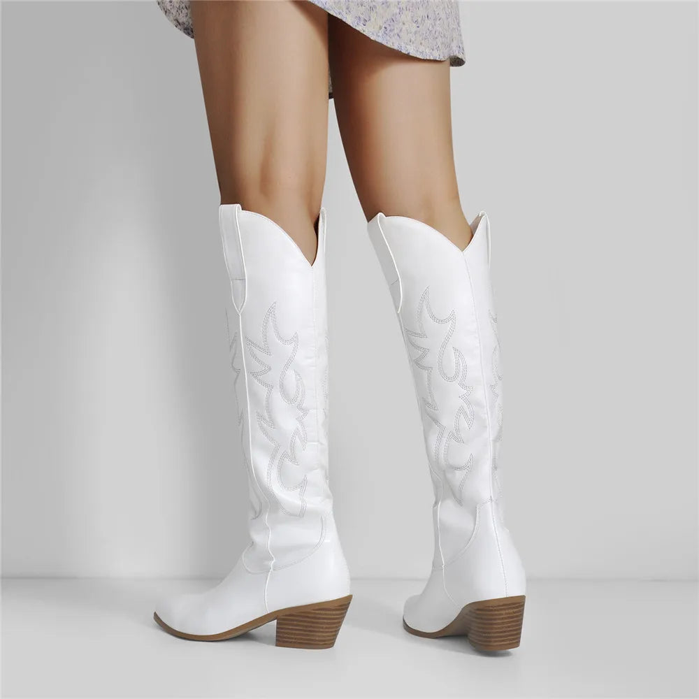 Onlymaker White Knee High Cowboy Boots: Wide Calf, Embroidered - Arkansas Outdoors Shop