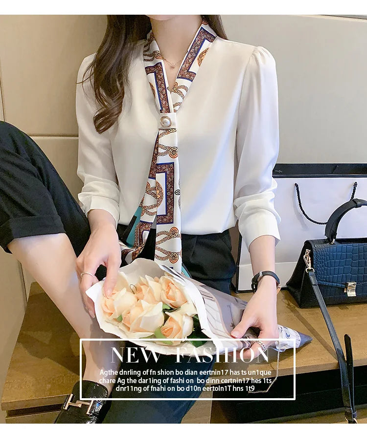 Elegant Fashion Office Lady Bow Solid Chiffon Shirts Women Clothing Spring Autumn Long Sleeve V-Neck Pullover Top Blouses Female