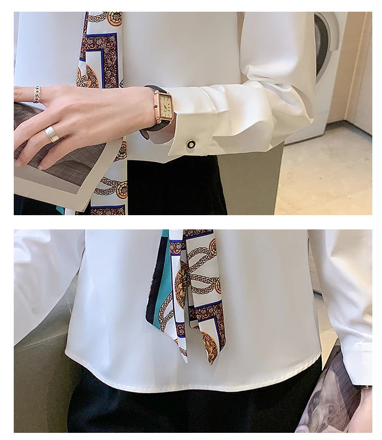 Elegant Fashion Office Lady Bow Solid Chiffon Shirts Women Clothing Spring Autumn Long Sleeve V-Neck Pullover Top Blouses Female