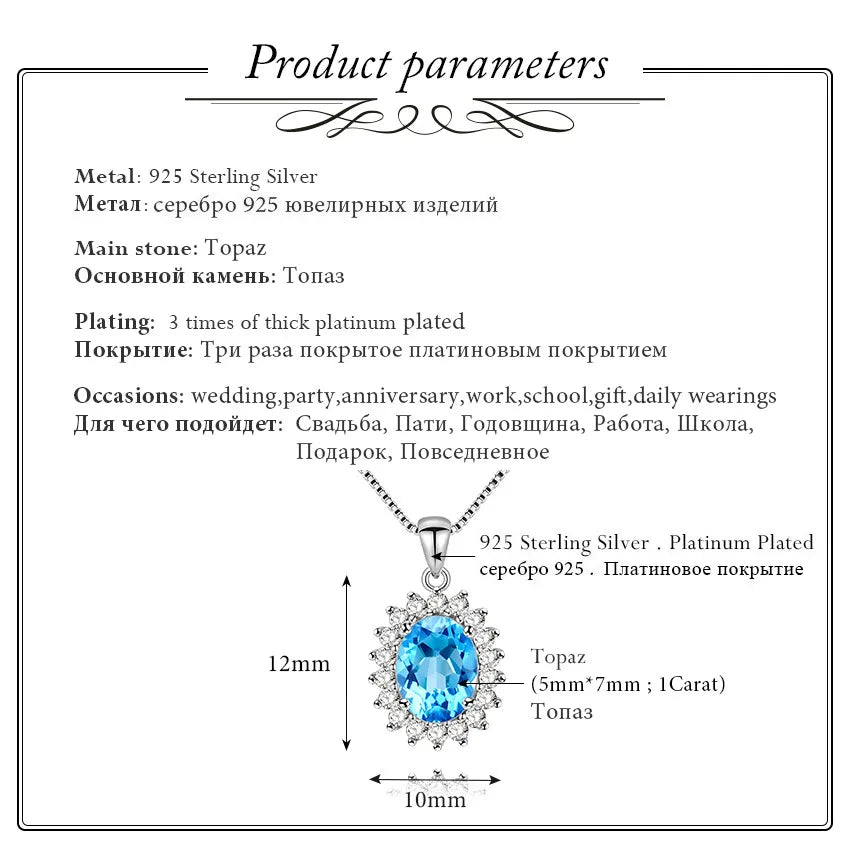 Almei Princess Natural Blue Topaz Halo Pendant Solid 925 Sterling Silver Charm Fine Jewelry for Women with Free Box 40% FN018 - Arkansas Outdoors Shop