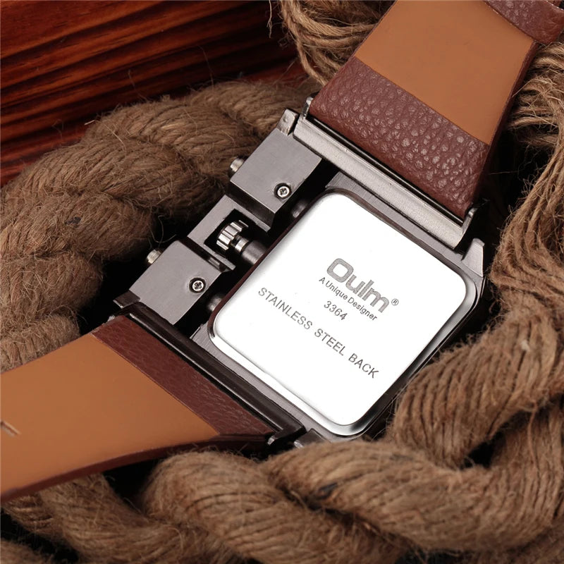 Oulm Brand 3364 Unique Design Square Men Wristwatch Wide Big Dial Casual Leather Strap Quartz Watch Male Sport Watches