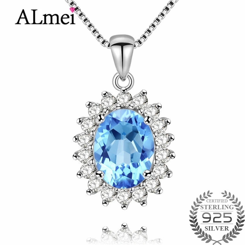 Almei Princess Natural Blue Topaz Halo Pendant Solid 925 Sterling Silver Charm Fine Jewelry for Women with Free Box 40% FN018 - Arkansas Outdoors Shop