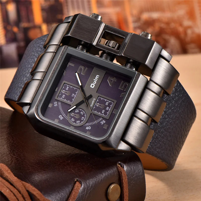 Oulm Brand 3364 Unique Design Square Men Wristwatch Wide Big Dial Casual Leather Strap Quartz Watch Male Sport Watches