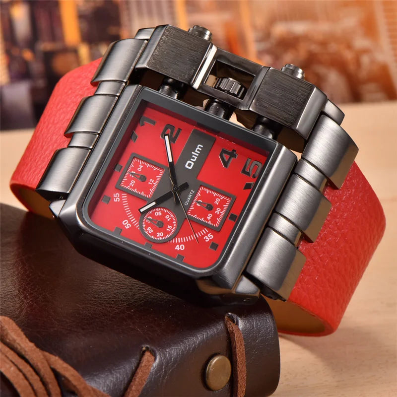 Oulm Brand 3364 Unique Design Square Men Wristwatch Wide Big Dial Casual Leather Strap Quartz Watch Male Sport Watches