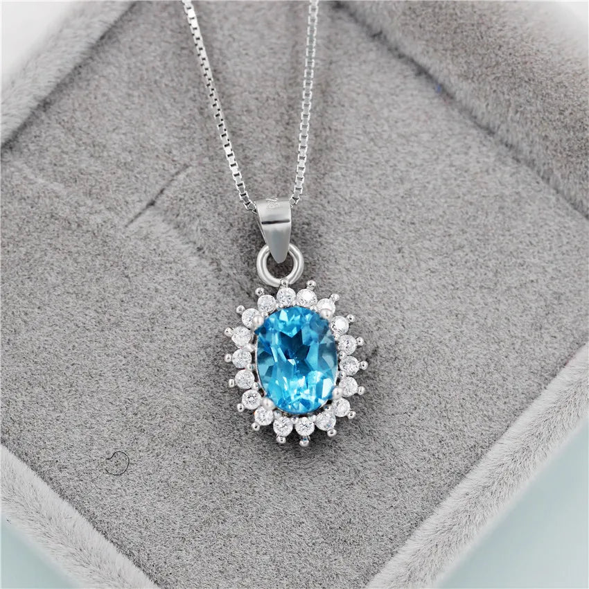 Almei Princess Natural Blue Topaz Halo Pendant Solid 925 Sterling Silver Charm Fine Jewelry for Women with Free Box 40% FN018 - Arkansas Outdoors Shop