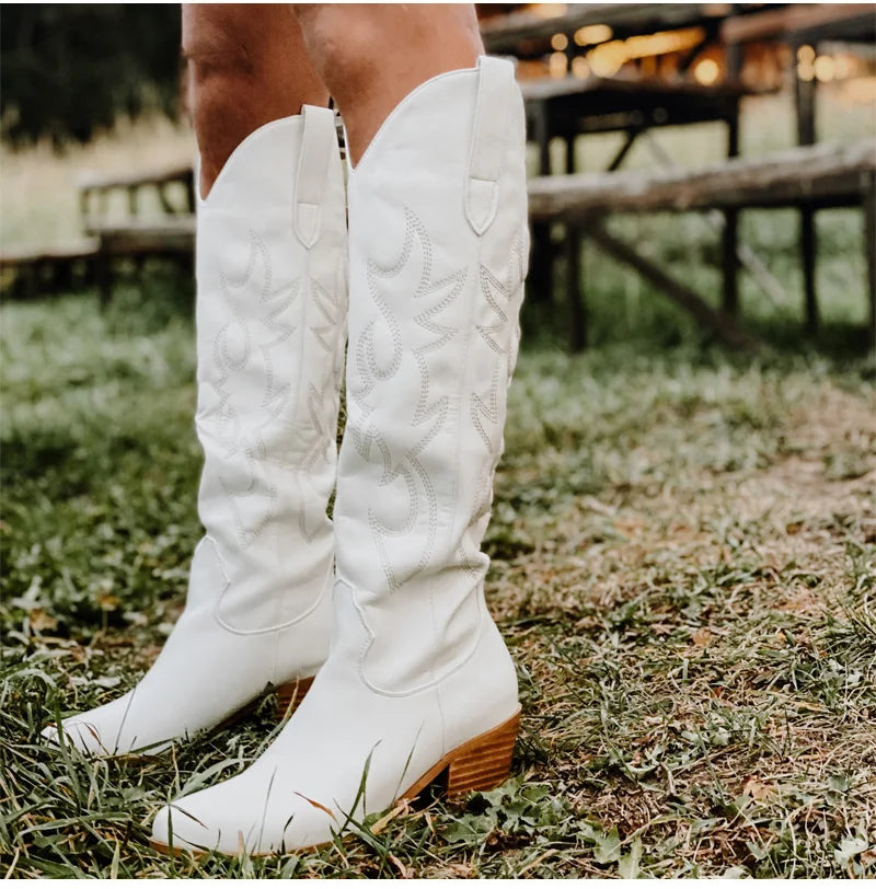 Onlymaker White Knee High Cowboy Boots: Wide Calf, Embroidered - Arkansas Outdoors Shop