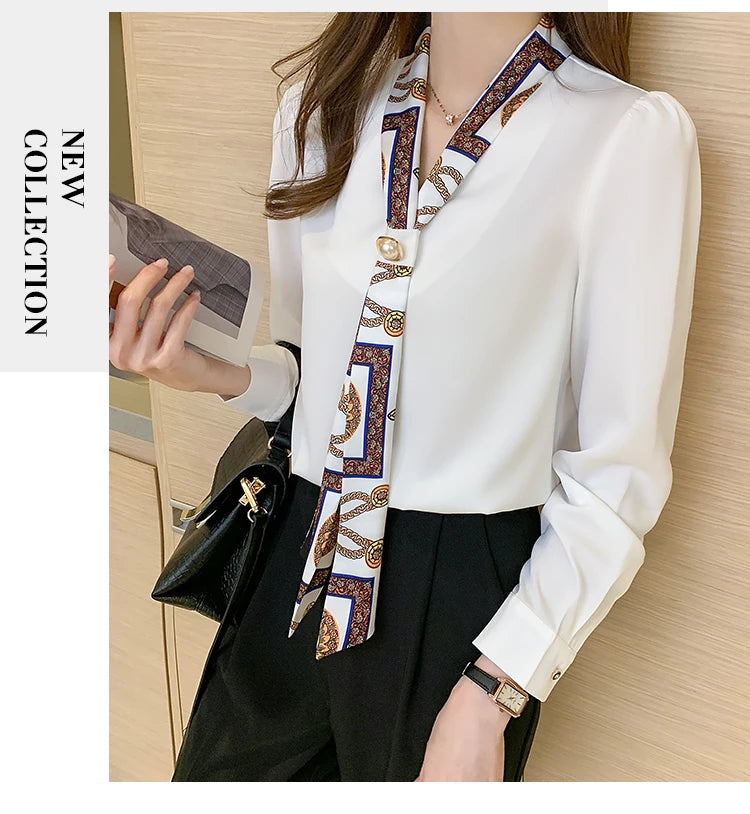 Elegant Fashion Office Lady Bow Solid Chiffon Shirts Women Clothing Spring Autumn Long Sleeve V-Neck Pullover Top Blouses Female