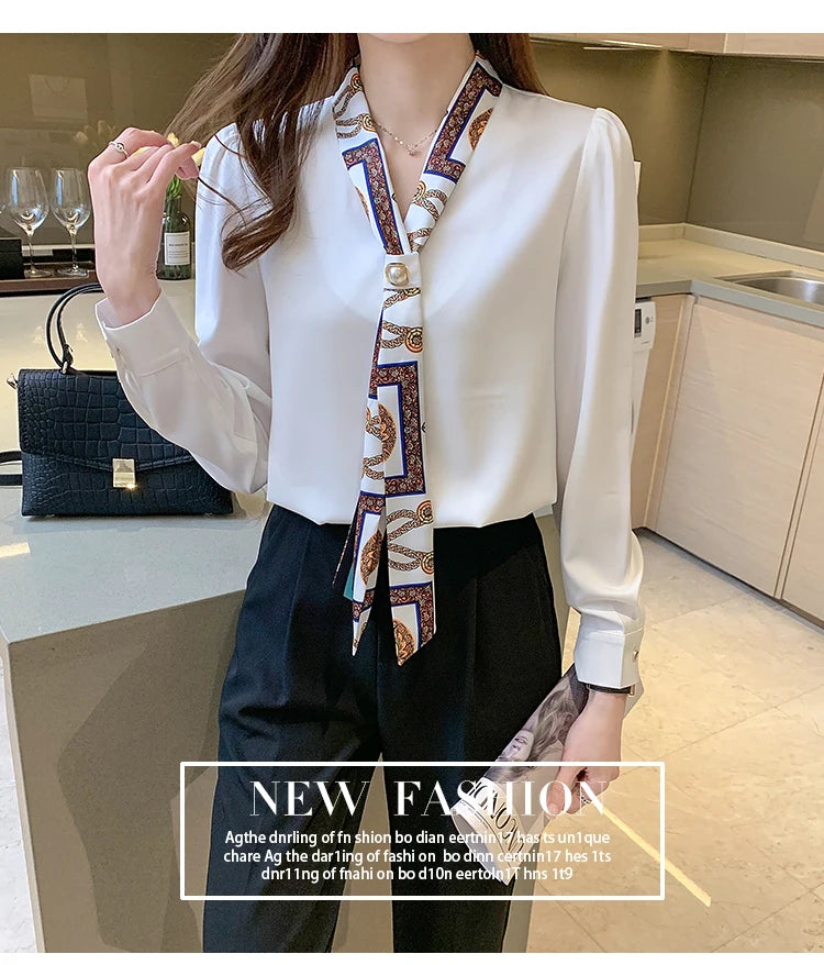 Elegant Fashion Office Lady Bow Solid Chiffon Shirts Women Clothing Spring Autumn Long Sleeve V-Neck Pullover Top Blouses Female