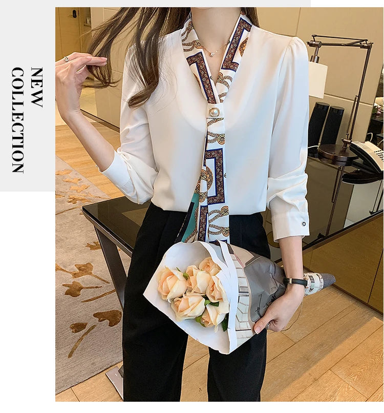 Elegant Fashion Office Lady Bow Solid Chiffon Shirts Women Clothing Spring Autumn Long Sleeve V-Neck Pullover Top Blouses Female