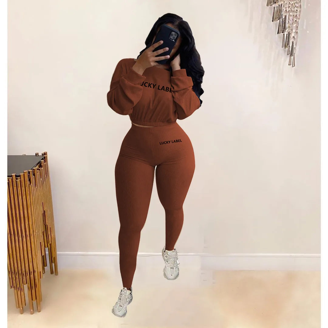 Letter Printed Embroidery Women Two Piece Ribbed Tracksuits Fall Spring Long Sleeve Sweatshirt and Skinny Pants Set