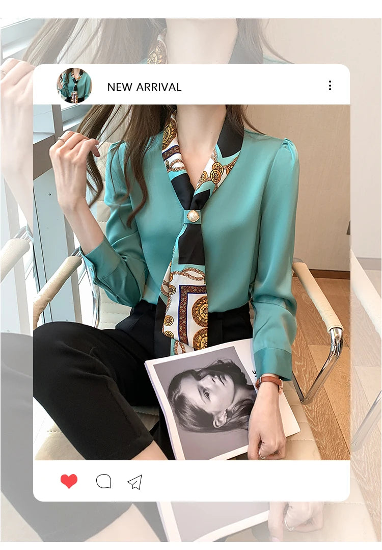 Elegant Fashion Office Lady Bow Solid Chiffon Shirts Women Clothing Spring Autumn Long Sleeve V-Neck Pullover Top Blouses Female