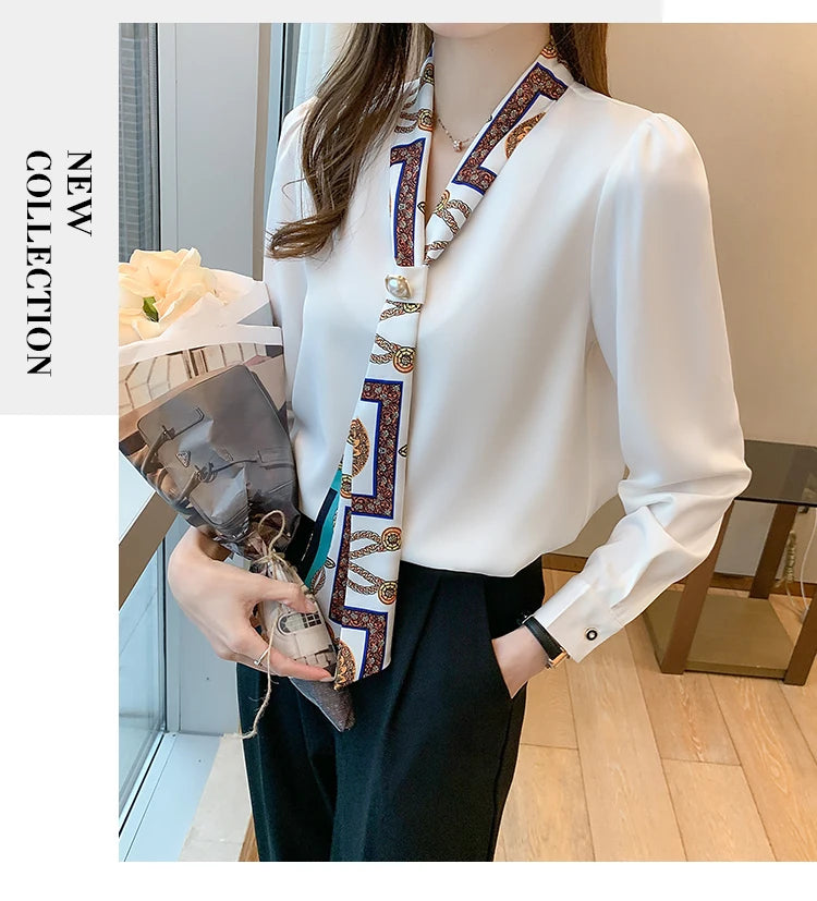 Elegant Fashion Office Lady Bow Solid Chiffon Shirts Women Clothing Spring Autumn Long Sleeve V-Neck Pullover Top Blouses Female