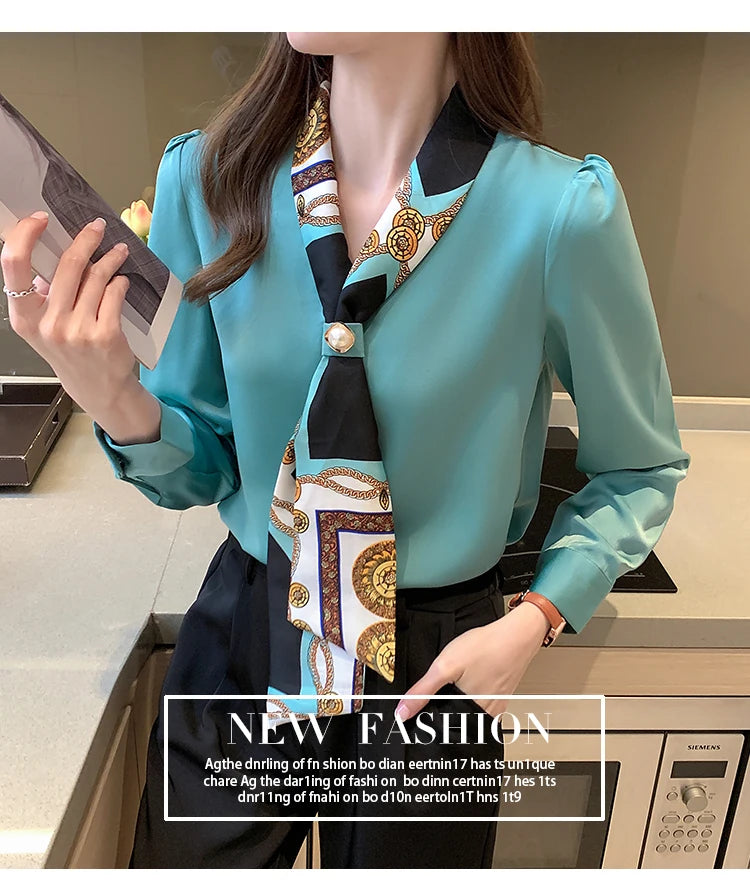 Elegant Fashion Office Lady Bow Solid Chiffon Shirts Women Clothing Spring Autumn Long Sleeve V-Neck Pullover Top Blouses Female