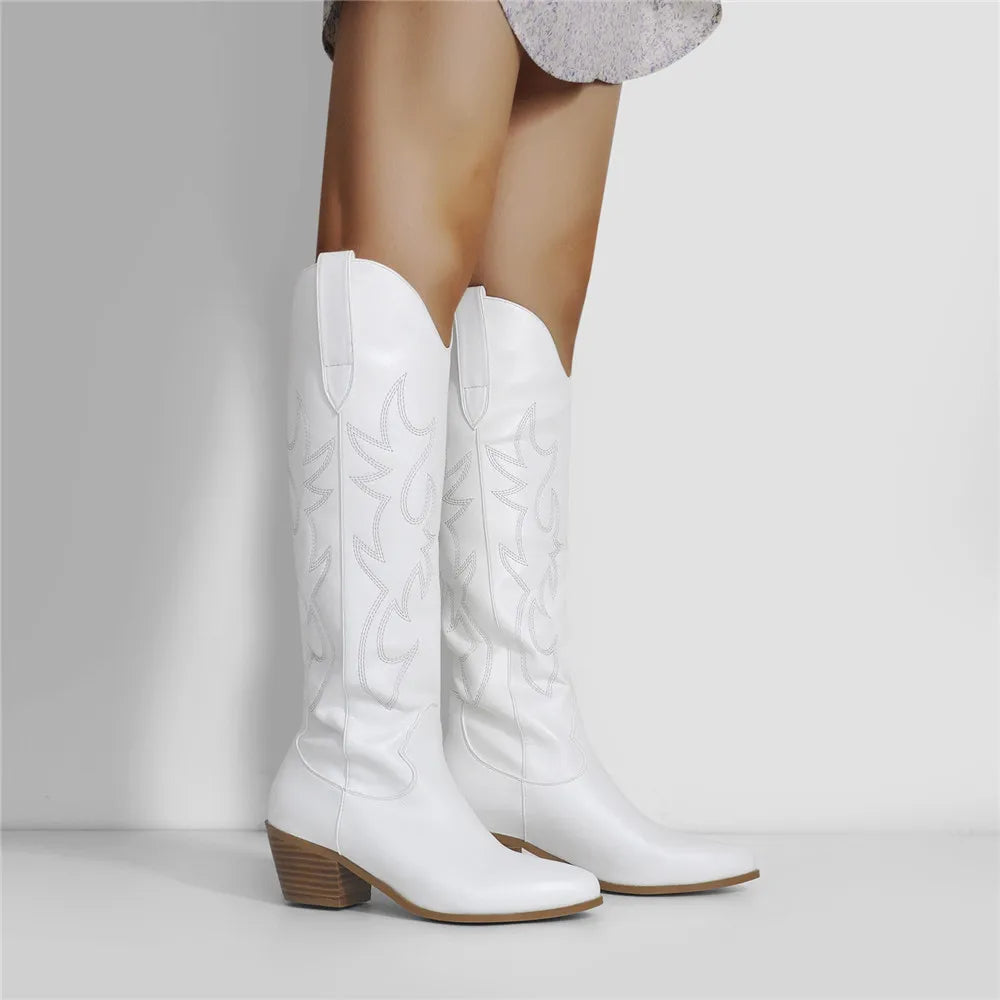 Onlymaker White Knee High Cowboy Boots: Wide Calf, Embroidered - Arkansas Outdoors Shop