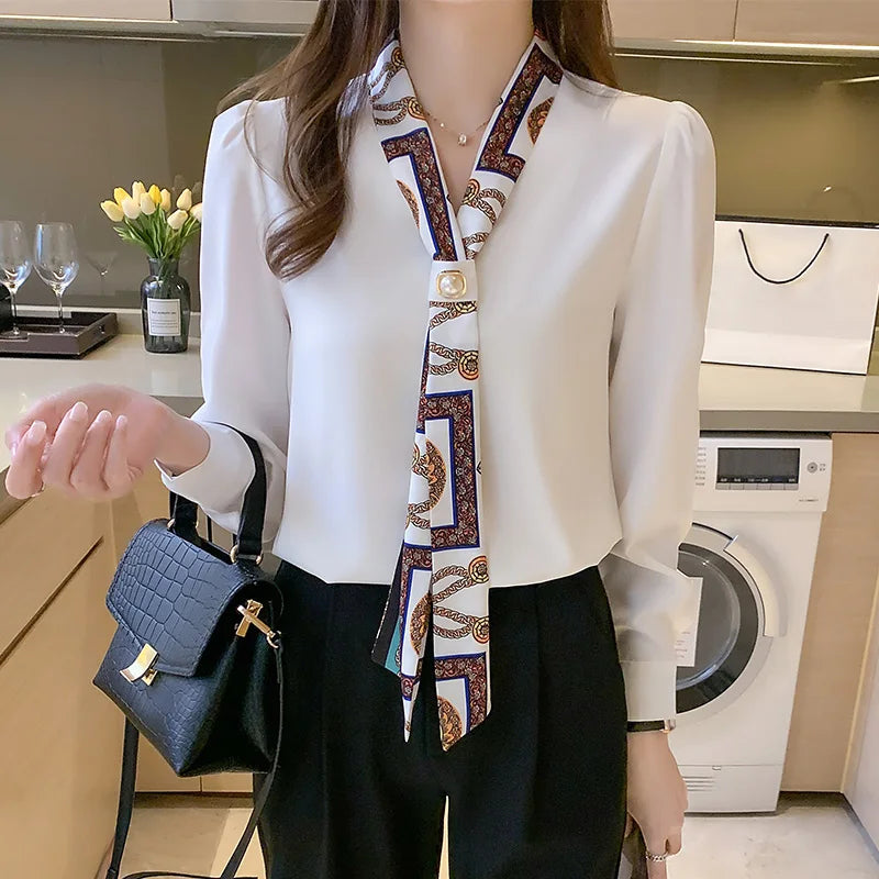 Elegant Fashion Office Lady Bow Solid Chiffon Shirts Women Clothing Spring Autumn Long Sleeve V-Neck Pullover Top Blouses Female