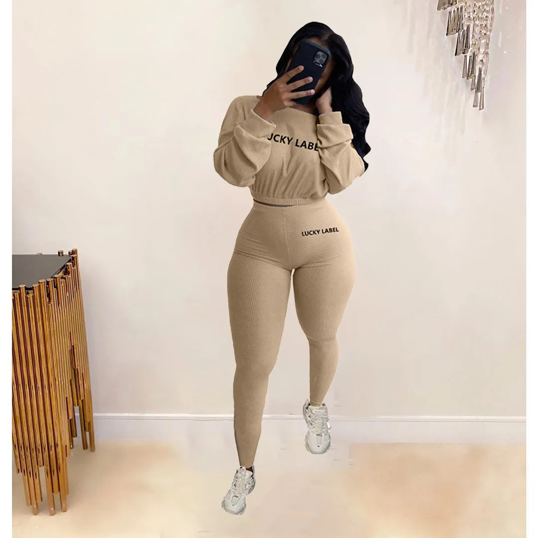 Letter Printed Embroidery Women Two Piece Ribbed Tracksuits Fall Spring Long Sleeve Sweatshirt and Skinny Pants Set