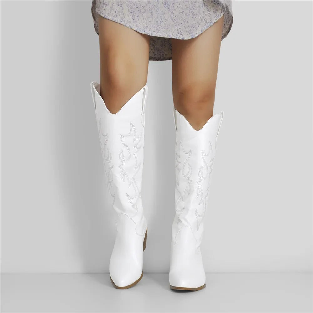 Onlymaker White Knee High Cowboy Boots: Wide Calf, Embroidered - Arkansas Outdoors Shop