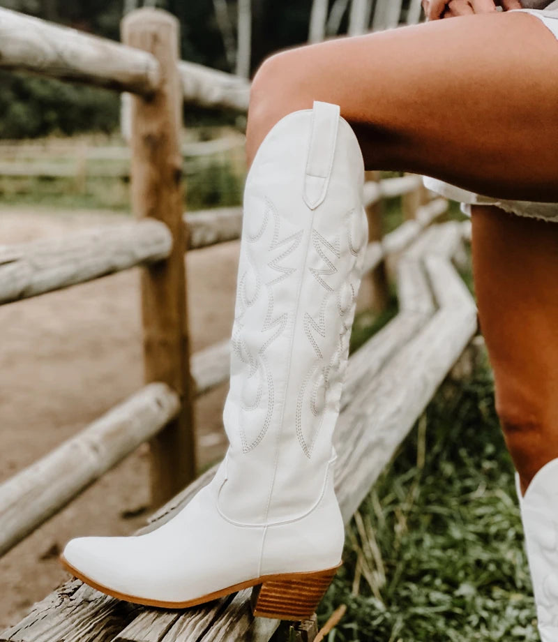 Onlymaker White Knee High Cowboy Boots: Wide Calf, Embroidered - Arkansas Outdoors Shop